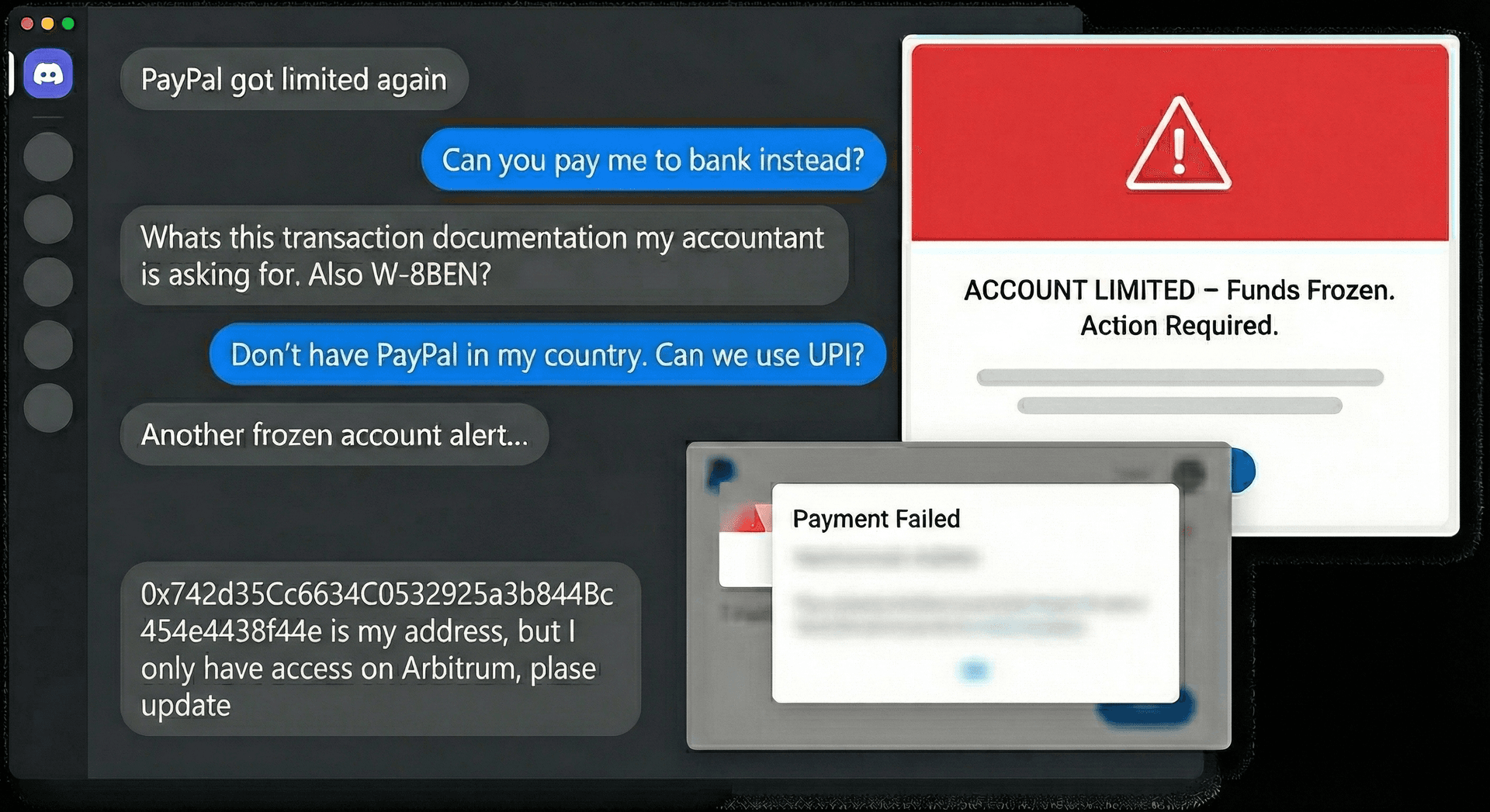 The chaos of managing clipping payouts today: Discord messages about PayPal limits, frozen accounts, failed payments